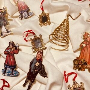 Vintage collection of holiday decorations ornaments paper metal mirror